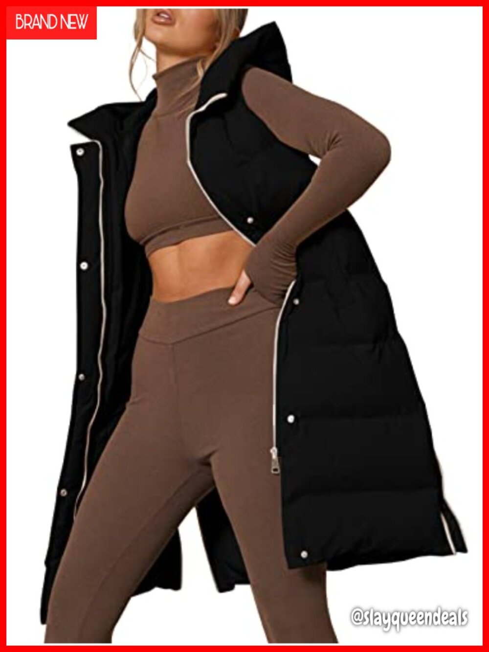 Womens Long Hooded Puffer Vest Sleeveless Quilted Down Vest Slim Fit